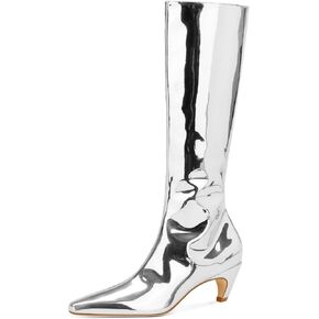 Women's Metallic Knee High Boots Pointed Toe Kitten Heel Booties Low Heel Go-go Party Dress Club Booties