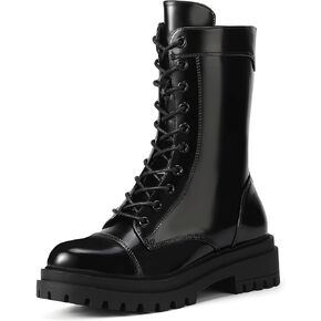 IDIFU IN2 Combat Boots Womens Mid Calf Lace Up Boots Low Heel Chunky Platform Lug Sole Heeled Boots Comfortable Cute Dress Boots for Women Zipper Fashion Round Toe Booties-LOOSEN ALL LACES FIRSTLY