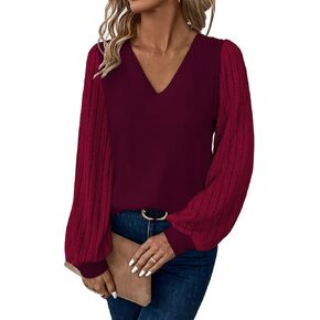 بلوزات حريمي برقبة على شكل V وأكمام طويلة بلوزات فضفاضة غير رسمية وأكمام منتفخة مضلعة تونيك علوية سترات عصرية للخريف in Kuwait