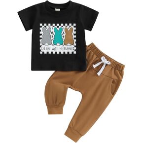 Infant Toddler Baby Boy Easter Outfit Bunny Letter Printed Short Sleeve T-Shirt Tops and Jogger Pants Set