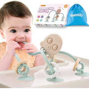 Baby Teething Toys, High Chair Toy with Suction Cup for Infant Toddlers 6 12 18 24 Month, Food Grade Silicone Teether with Oak Loop, Montessori Sensory Educational Baby Bath Toy Gifts (Rose)