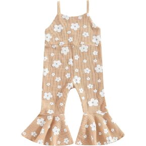 Emmababy Cow Print Baby Girl Bell Bottom Romper Toddler Floral Overalls Sleeveless Flare Jumpsuit Summer Clothes Western