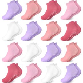 ELUTONG Toddler Baby Socks with Grips 16 Pack Non Slip Ankle Grip Socks for Infant Baby Kids Girls Boys
