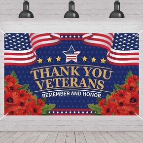 Veterans Day Decorations Photography Red Poppies Thank You Veterans Day Banner 4th of July Patriotic Fourth of July Veterans Day Backdrop Remember and Honor Decorations and Supplies for Party