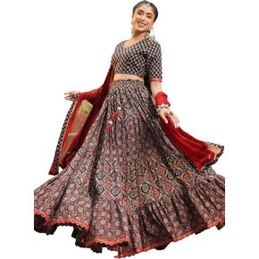 Janasya Indian Women's Maroon Cotton Block Print Lehenga Choli With Dupatta