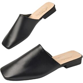 Verdusa Women's PU Leather Square Toe Flat Mules Slip On Slides Mule Shoes