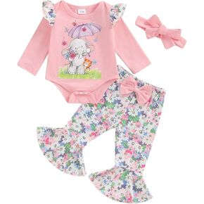 Rtnnsbbfcm Newborn Baby Girl Clothes Fall Outfit Long Sleeve Elephant Romper Floral Bell Bottoms Headband 3Pcs Set
