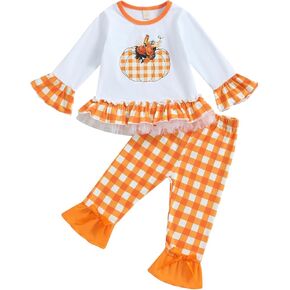 Toddler Baby Girl Halloween Outfit Plaid Pumpkin Pullover Sweatshirt Tops Flare Bell Bottom Pants Fall Clothes Set
