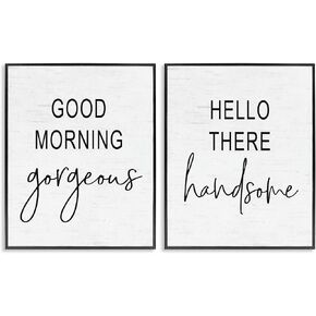Stupell Industries Good Morning Gorgeous Hello There Handsome Romantic Phrases, Designed by Lettered and Lined Black Framed Wall Art, 16x20