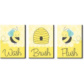 Big Dot of Happiness Honey Bee - Kids Bathroom Rules Wall Art - 7.5 x 10 inches - Set of 3 Signs - Wash, Brush, Flush
