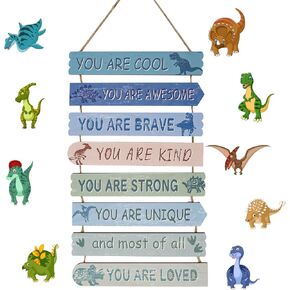 Dinosaur Sign for Wall Decor, Wooden Hanging Signs Positive Wall Art Decors Wall Door Plaque Motivational Wall Decor for Boys Girls Kids Teens Room Decor