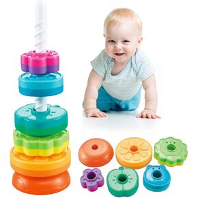 Baby Spinning Stacking Toys for Toddlers 1-3, Rainbow Ring Stacker Montessori Toys for Babies 6-12 Months, 1 2 3 One Year Old Girl Boy Christmas Birthday Gifts, Autism Sensory Learning Toy