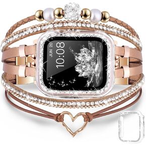 Boho Leather Bracelet with Bumper Bling case for Apple Watch Series 9 8 7 6 5 4 3 2 1 SE for Women,Handmade Multilayer Beaded Wrap Jewelry Rhinestone Apple Watch Strap for iWatch 38mm 40mm 41mm 42mm