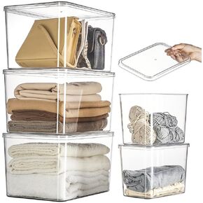 5 Pack White Plastic Storage Bins with Lids, Stackable Storage Baskets for Organization and Storage, Organizer Baskets for Shelves School Office Bathroom Toys (white 3XL+2M)