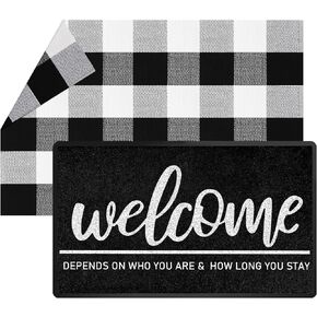 2pcs Welcome-Ish Welcome Mat Welcome-Ish Front Door Mat Black White Buffalo Plaid Check Rug Layered Funny Front Door Mat for Indoor Outdoor Entrance Home Doormats Decor