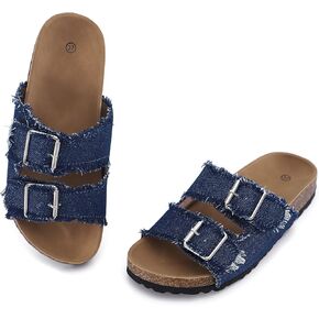 Women's Cork Footbed Sandal Slide, Adjustable Comfortable Summer Flat Shoes, Denim Comfy Shoes Size 7-10