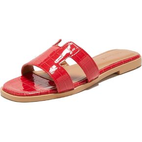TRULAND H Strap Flat Slide Sandals for Women - Cute Fashion Open Square Toe Summer Dressy Sandals