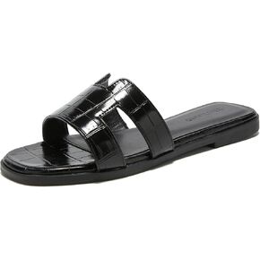 TRULAND H Strap Flat Slide Sandals for Women - Cute Fashion Open Square Toe Summer Dressy Sandals