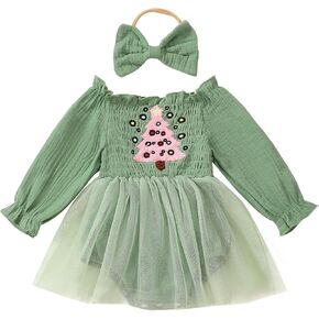 Baby Girl Christmas Romper Dress Puff Sleeve Christmas Tulle Dresses Newborn Infant Fall Winter Clothes Outfits