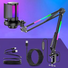 KingSom Gaming USB Microphone,Noise Cancellation Condenser Mic with Boom Arm,Podcast Microphones RGB Computer Mic,Streaming Microphone with Pop Filter, Mute Button,Gain for Recording,Discord,YouTube