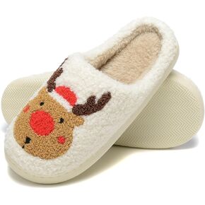 Women Reindeer Christmas Xmas Slippers Men Elk Moose Cute Cartoon Non-Slip Memory Foam Warm House Slippers