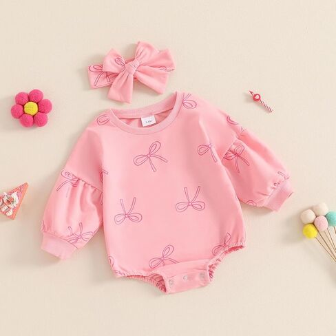 Baby Girl Crewneck Sweatshirt Romper Long Sleeve Bow Print Oversized Bubble Romper Newborn Fall Winter Clothes in Saudi Arabia