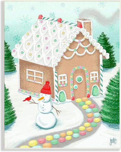 Stupell Industries Playful Gingerbread House Christmas Landscape Happy Snowman, Designed by Jackie Quigley Wall Plaque, 10 x 15, Blue in Saudi Arabia