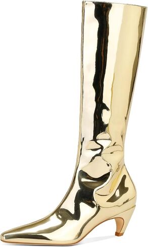 Women's Metallic Knee High Boots Pointed Toe Kitten Heel Booties Low Heel Go-go Party Dress Club Booties in Saudi Arabia