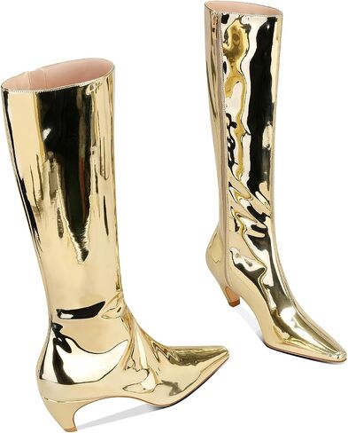 Women's Metallic Knee High Boots Pointed Toe Kitten Heel Booties Low Heel Go-go Party Dress Club Booties in Saudi Arabia