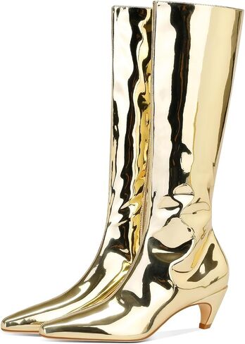 Women's Metallic Knee High Boots Pointed Toe Kitten Heel Booties Low Heel Go-go Party Dress Club Booties in Saudi Arabia
