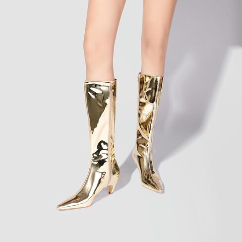 Women's Metallic Knee High Boots Pointed Toe Kitten Heel Booties Low Heel Go-go Party Dress Club Booties in Saudi Arabia