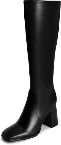 Knee High Boots for Women Chunky Heel Tall Boots Square Toe Wide-Calf Gogo Boots with Side Zipper Pull On Long Boots in Saudi Arabia