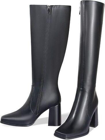 Knee High Boots for Women Chunky Heel Tall Boots Square Toe Wide-Calf Gogo Boots with Side Zipper Pull On Long Boots in Saudi Arabia