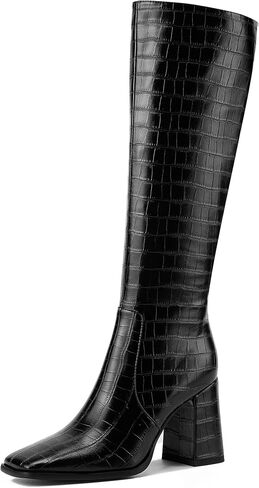 Knee High Boots for Women Chunky Heel Tall Boots Square Toe Wide-Calf Gogo Boots with Side Zipper Pull On Long Boots in Saudi Arabia