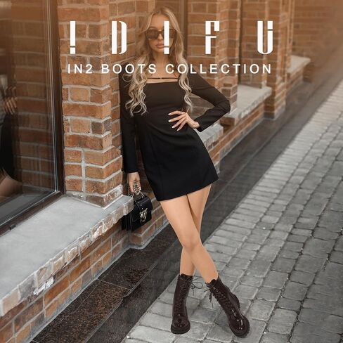 IDIFU IN2 Combat Boots Womens Mid Calf Lace Up Boots Low Heel Chunky Platform Lug Sole Heeled Boots Comfortable Cute Dress Boots for Women Zipper Fashion Round Toe Booties-LOOSEN ALL LACES FIRSTLY in Saudi Arabia