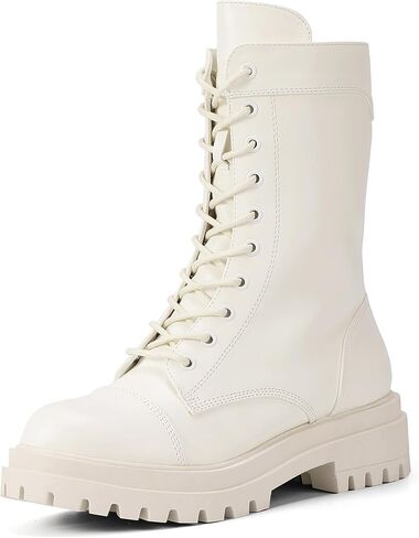 IDIFU IN2 Combat Boots Womens Mid Calf Lace Up Boots Low Heel Chunky Platform Lug Sole Heeled Boots Comfortable Cute Dress Boots for Women Zipper Fashion Round Toe Booties-LOOSEN ALL LACES FIRSTLY in Saudi Arabia
