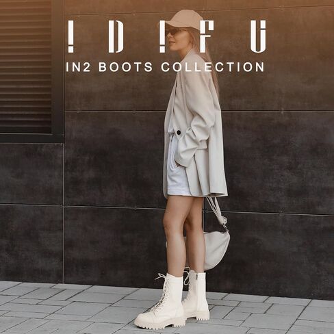 IDIFU IN2 Combat Boots Womens Mid Calf Lace Up Boots Low Heel Chunky Platform Lug Sole Heeled Boots Comfortable Cute Dress Boots for Women Zipper Fashion Round Toe Booties-LOOSEN ALL LACES FIRSTLY in Saudi Arabia