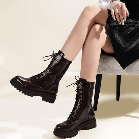 IDIFU IN2 Combat Boots Womens Mid Calf Lace Up Boots Low Heel Chunky Platform Lug Sole Heeled Boots Comfortable Cute Dress Boots for Women Zipper Fashion Round Toe Booties-LOOSEN ALL LACES FIRSTLY in Saudi Arabia