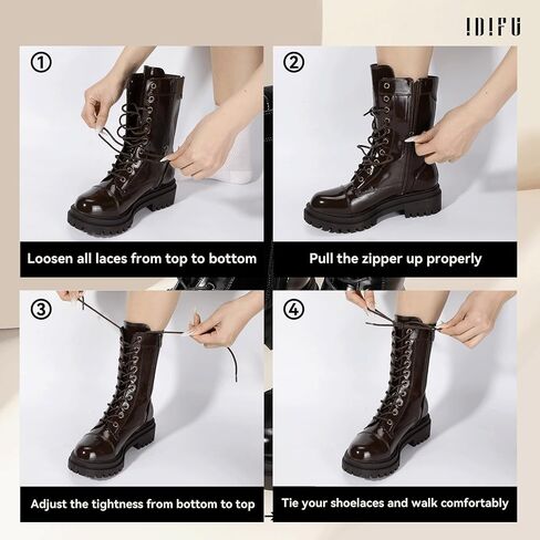 IDIFU IN2 Combat Boots Womens Mid Calf Lace Up Boots Low Heel Chunky Platform Lug Sole Heeled Boots Comfortable Cute Dress Boots for Women Zipper Fashion Round Toe Booties-LOOSEN ALL LACES FIRSTLY in Saudi Arabia