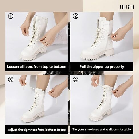 IDIFU IN2 Combat Boots Womens Mid Calf Lace Up Boots Low Heel Chunky Platform Lug Sole Heeled Boots Comfortable Cute Dress Boots for Women Zipper Fashion Round Toe Booties-LOOSEN ALL LACES FIRSTLY in Saudi Arabia