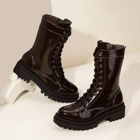 IDIFU IN2 Combat Boots Womens Mid Calf Lace Up Boots Low Heel Chunky Platform Lug Sole Heeled Boots Comfortable Cute Dress Boots for Women Zipper Fashion Round Toe Booties-LOOSEN ALL LACES FIRSTLY in Saudi Arabia