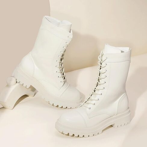 IDIFU IN2 Combat Boots Womens Mid Calf Lace Up Boots Low Heel Chunky Platform Lug Sole Heeled Boots Comfortable Cute Dress Boots for Women Zipper Fashion Round Toe Booties-LOOSEN ALL LACES FIRSTLY in Saudi Arabia