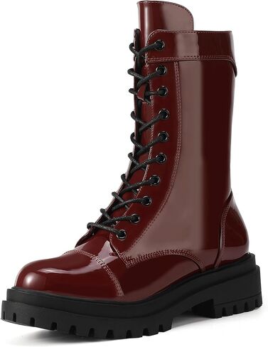 IDIFU IN2 Combat Boots Womens Mid Calf Lace Up Boots Low Heel Chunky Platform Lug Sole Heeled Boots Comfortable Cute Dress Boots for Women Zipper Fashion Round Toe Booties-LOOSEN ALL LACES FIRSTLY in Saudi Arabia