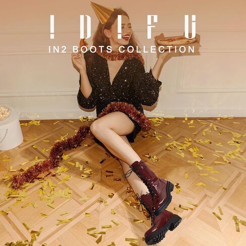 IDIFU IN2 Combat Boots Womens Mid Calf Lace Up Boots Low Heel Chunky Platform Lug Sole Heeled Boots Comfortable Cute Dress Boots for Women Zipper Fashion Round Toe Booties-LOOSEN ALL LACES FIRSTLY in Saudi Arabia