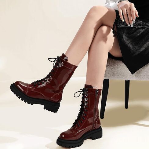 IDIFU IN2 Combat Boots Womens Mid Calf Lace Up Boots Low Heel Chunky Platform Lug Sole Heeled Boots Comfortable Cute Dress Boots for Women Zipper Fashion Round Toe Booties-LOOSEN ALL LACES FIRSTLY in Saudi Arabia
