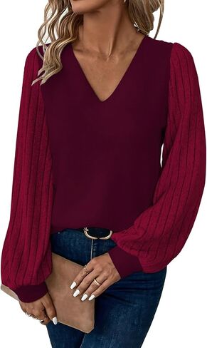 بلوزات حريمي برقبة على شكل V وأكمام طويلة بلوزات فضفاضة غير رسمية وأكمام منتفخة مضلعة تونيك علوية سترات عصرية للخريف in Kuwait