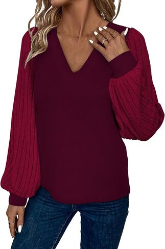 بلوزات حريمي برقبة على شكل V وأكمام طويلة بلوزات فضفاضة غير رسمية وأكمام منتفخة مضلعة تونيك علوية سترات عصرية للخريف in Kuwait