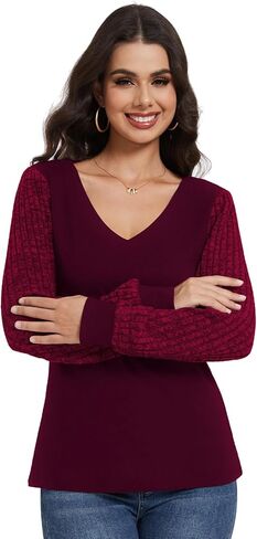 بلوزات حريمي برقبة على شكل V وأكمام طويلة بلوزات فضفاضة غير رسمية وأكمام منتفخة مضلعة تونيك علوية سترات عصرية للخريف in Kuwait