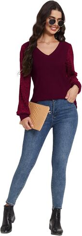 بلوزات حريمي برقبة على شكل V وأكمام طويلة بلوزات فضفاضة غير رسمية وأكمام منتفخة مضلعة تونيك علوية سترات عصرية للخريف in Kuwait