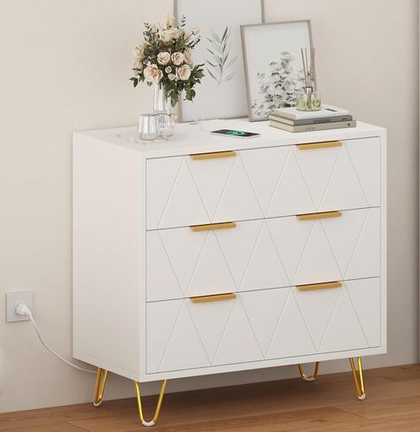 TVU 3 Drawer Wide Nightstand with Charging Station, 27.6 Inch Wood Nightstand for Bedroom, Living Room, White Dresser with Storage Drawers, Bedside Table with Metal Handle & Leg in Saudi Arabia